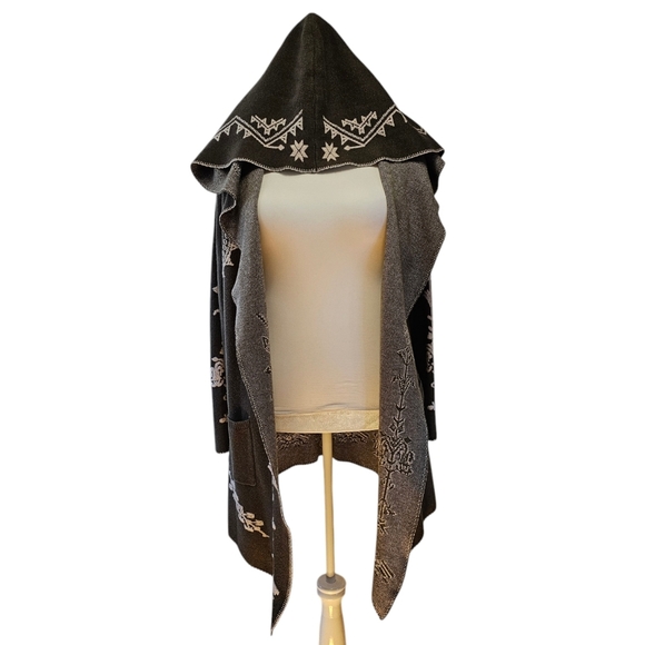 Olive Green Vertigo Long Open Drape Sweater Jacket with Hood Aztec Print Size M - Picture 2 of 9